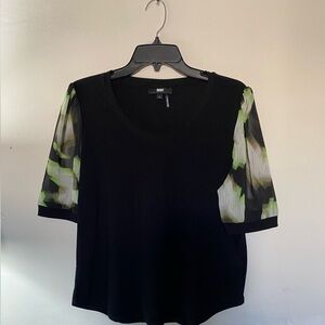 DKNY Black Blouse with Green Patterned Sleeves